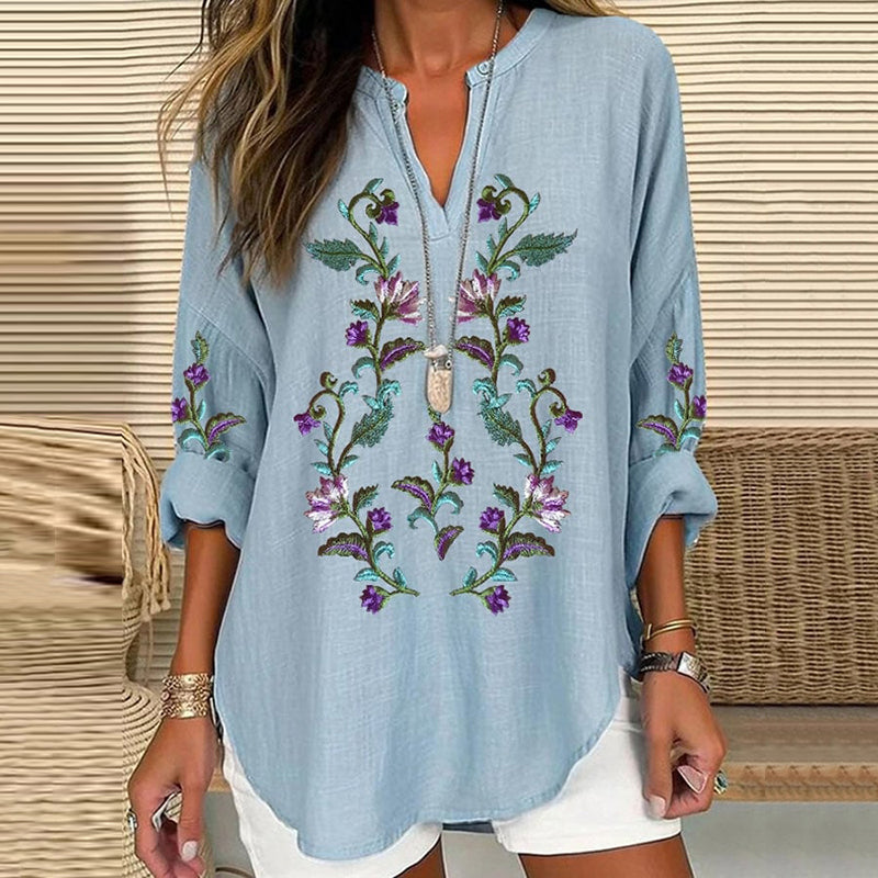 Comstylish Scottish Thistle Embroidered Linen Blend Blouses