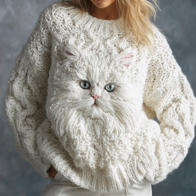 Comstylish Women's Cute Cat Face Embroidered Cozy Knit Sweater