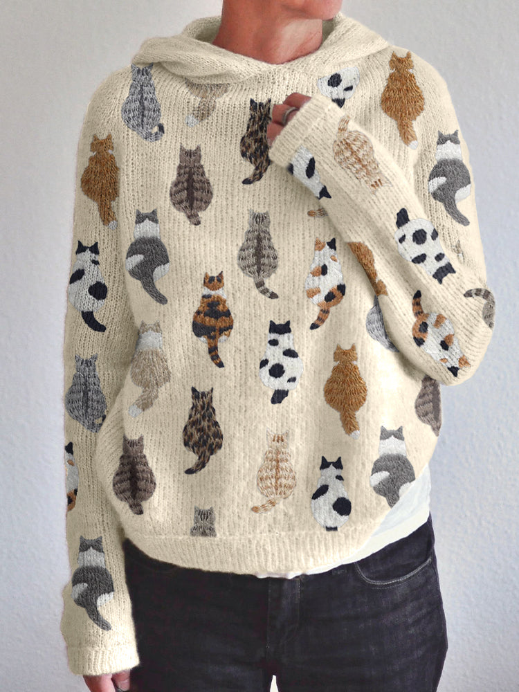 Comstylish Cute Cats Embroidery Pattern Cozy Knit Hoodie