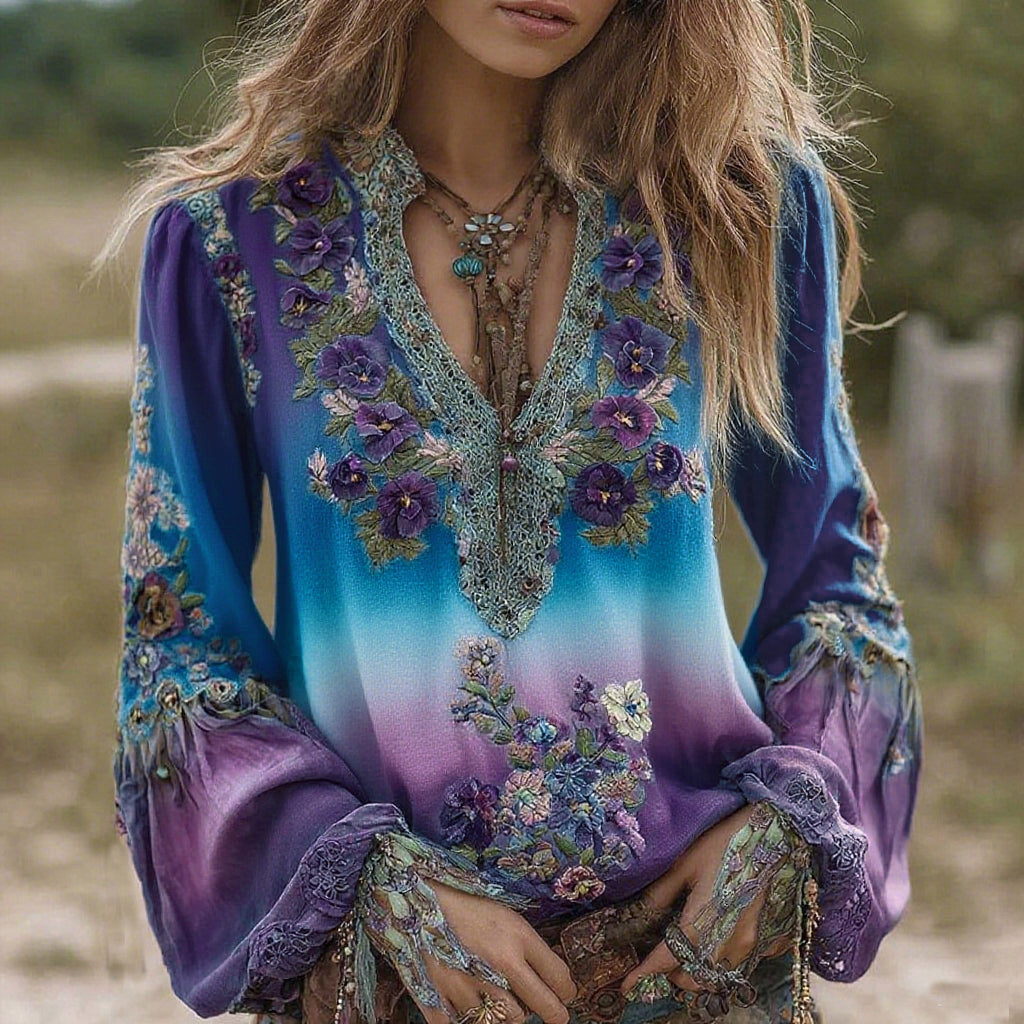 Comstylish Vintage Classy Gradient Purple Pansy Embroidered Art Linen Long Sleeve Blouse