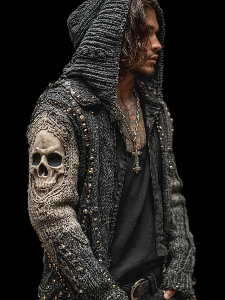 Men's 3d Skull Bleached Rock Studded Knit Hooded Cardigan artswardrobe