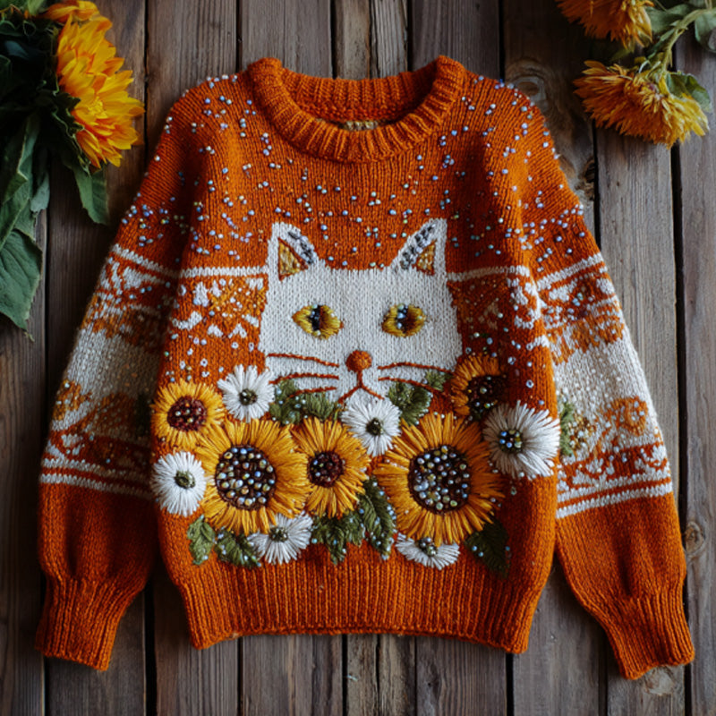 Comstylish Women's Vintage Halloween Sunflower And Cat Embroidered Sweater