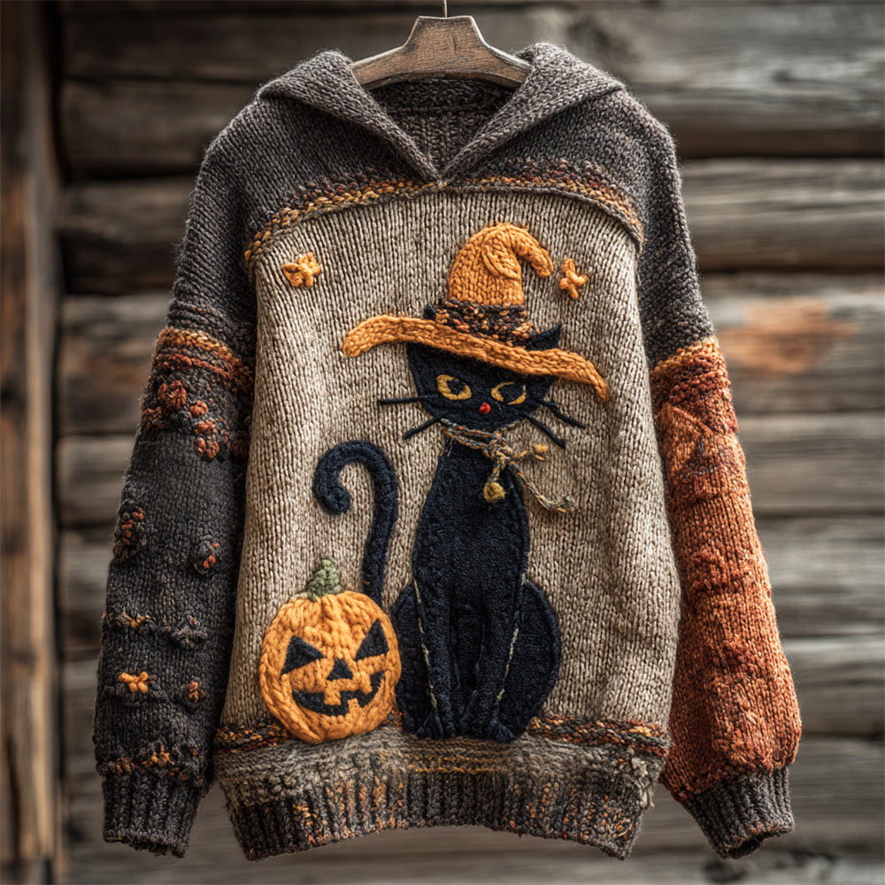 Comstylish Halloween Black Cat With Witch Hat & Pumpkin Women's Knit Hooded Sweater