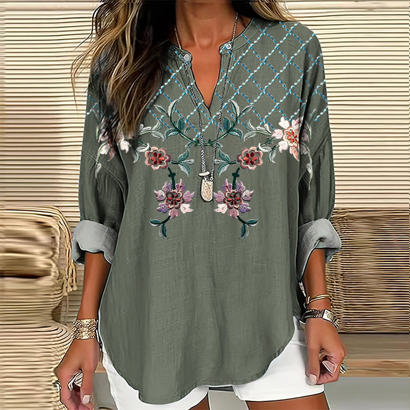 Comstylish Women's Floral Embroidered V-neck Linen Blend Loose Blouse