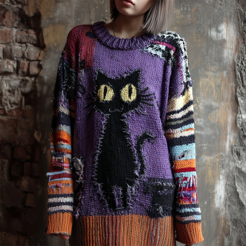 Comstylish Halloween Black Cat Embroidered Patchwork Long Knitted Sweater