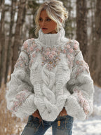 Women's Vintage Embroidery Rose Art Knit Cozy High Neck Sweater artswardrobe