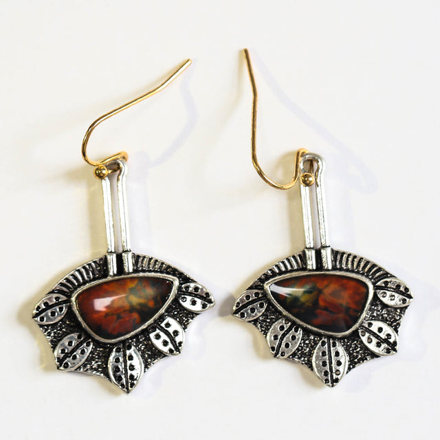 Red Stone Irregular Earrings In Silver