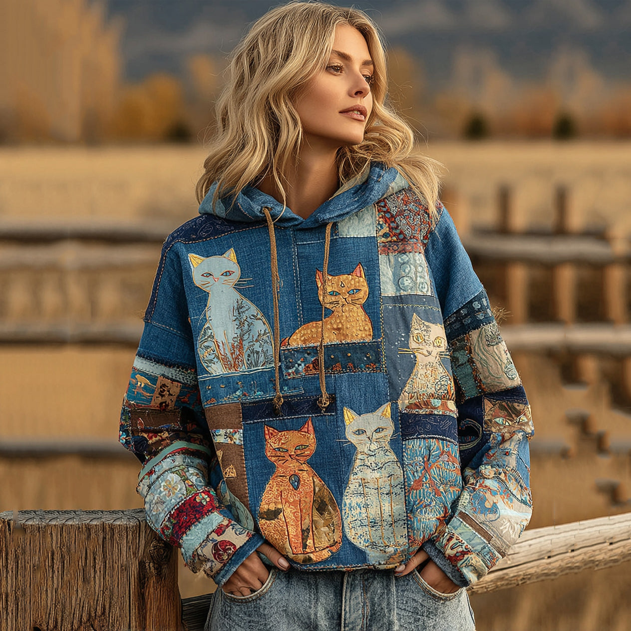 Comstylish Women's Denim Patchwork Cute Cat Print Hoodie