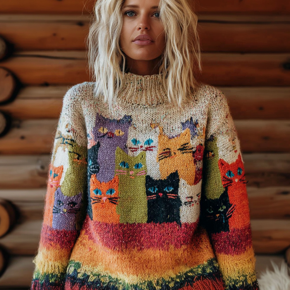 Rainbow Fun Cat Lady Winter Knit Sweater artswardrobe