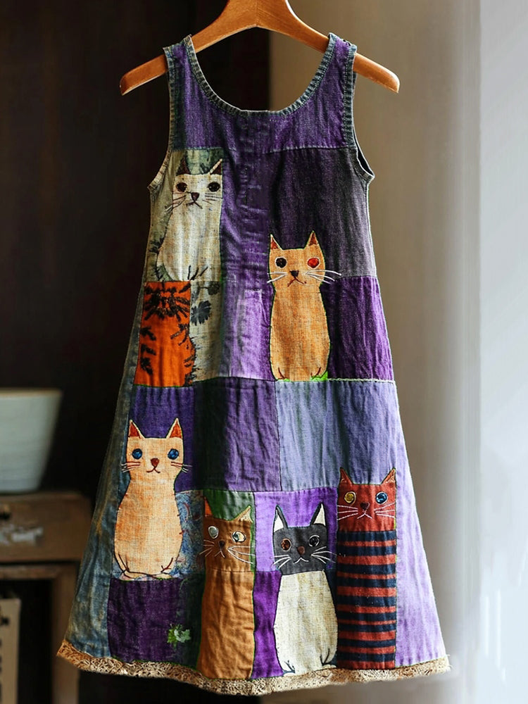 Comstylish Casual Pop Art Patchwork Denim Cat Dress