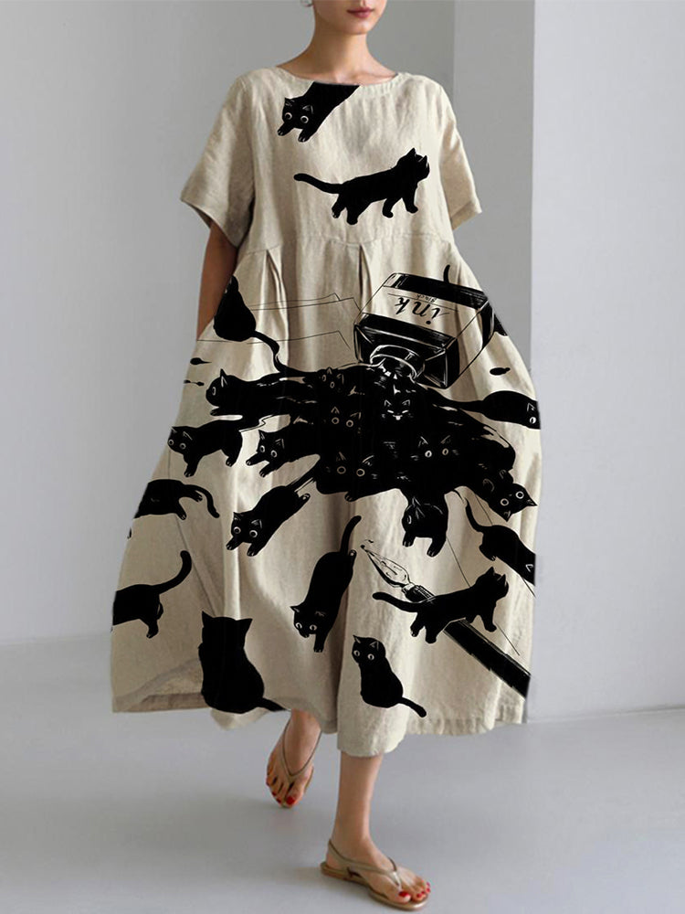Comstylish Japanese Art Cat Print Cotton Blend Dress