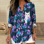 Comstylish Flowers Cat Art Print Casual Blouse