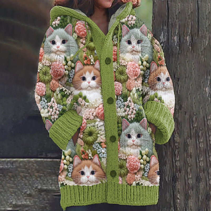 Comstylish Cute Cat And Floral Embroidery Art Cozy Cardigan Sweater