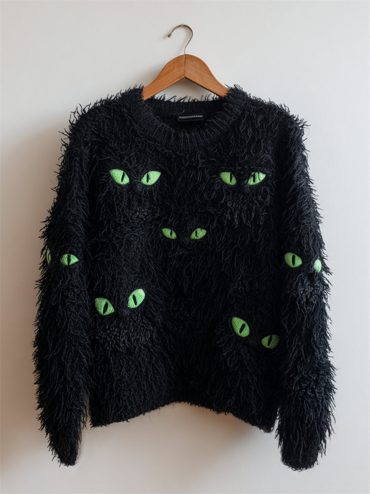 Comstylish Hidden Black Cats Inspired Fuzzy Cozy Knit Sweater