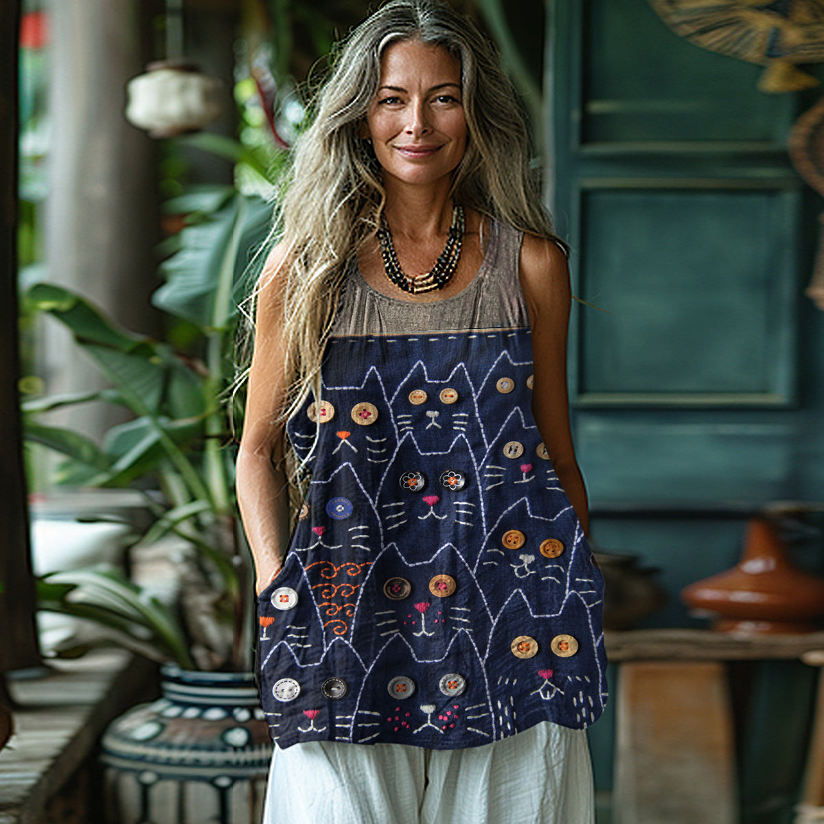 Comstylish Lovely Cat Button Embroidery Art Linen Cozy Tank Top