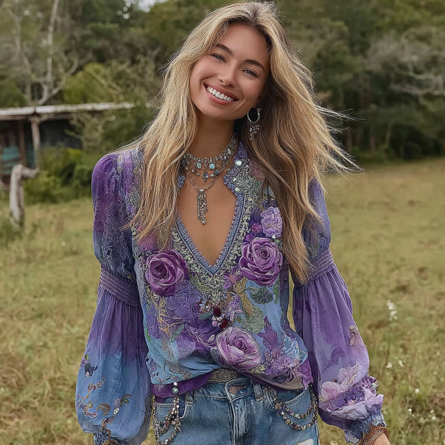 Comstylish Women's Vintage Rose Art V-neck Long Sleeve Linen Blend Blouse