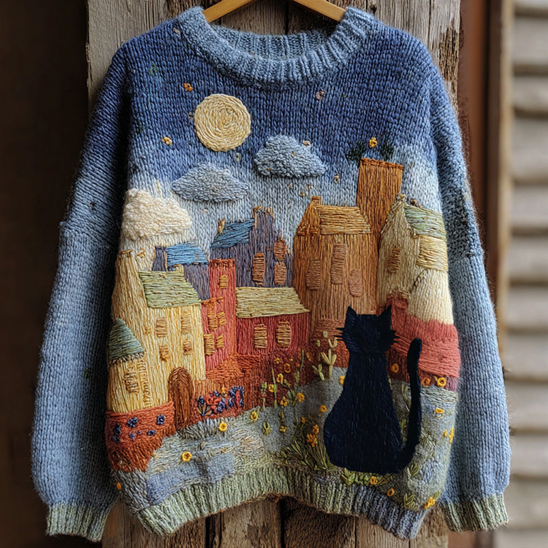 Comstylish Vintage Fairytale Cottage With Cute Black Cat Inspired Embroidered Cozy Knit Sweater