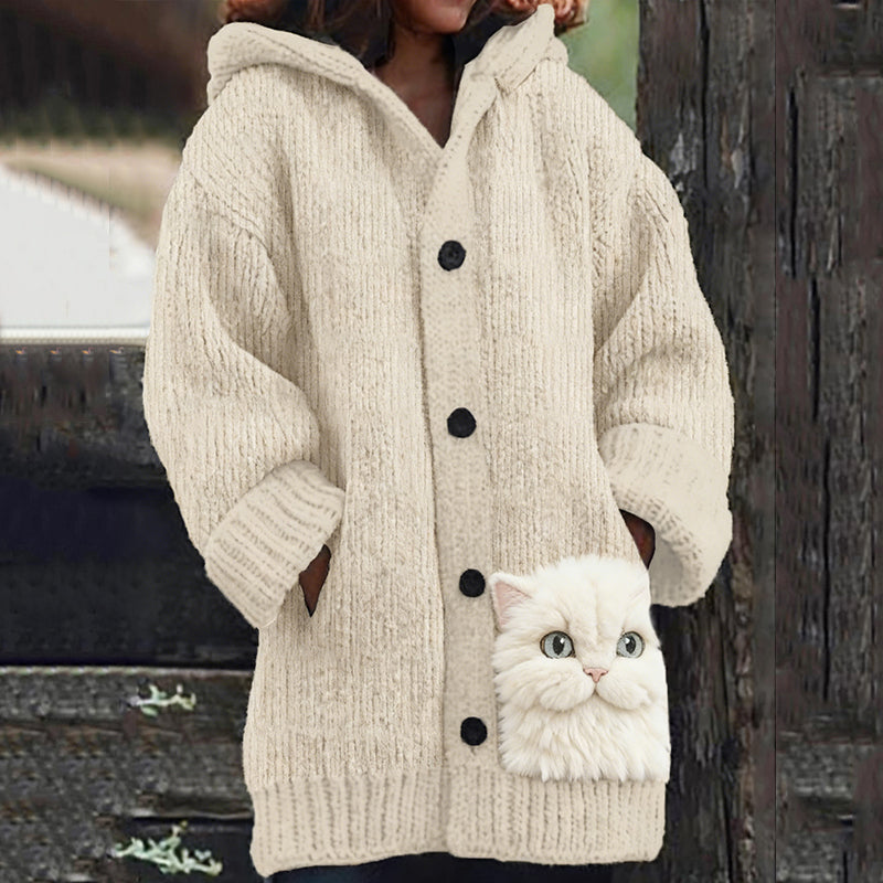 Comstylish Cute Fuzzy Cat Art Pattern Cozy Knit Hooded Cardigan