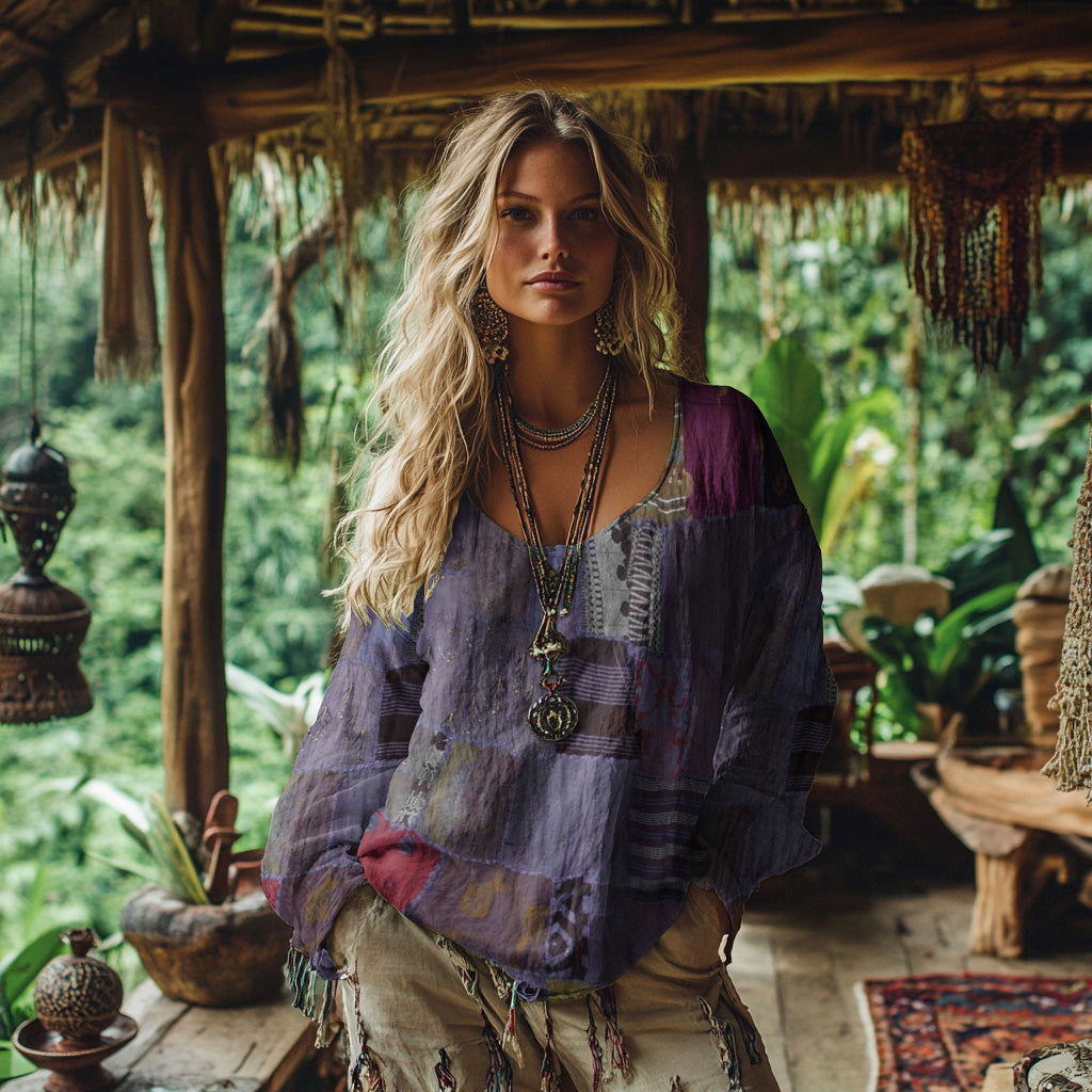 Retro Bohemian Resort Patchwork Art Print Cotton And Linen Blend Loose Blouse artswardrobe