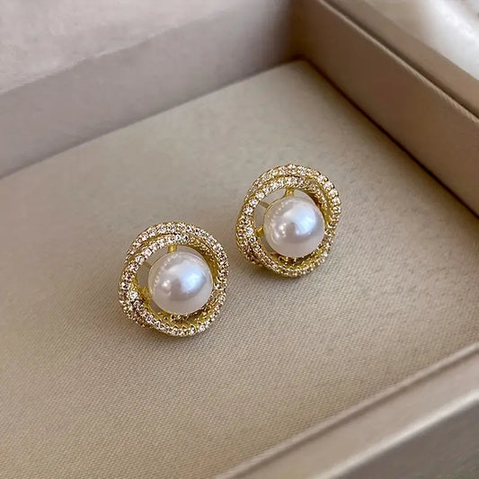 Spiral Zirconia Pearl Earrings