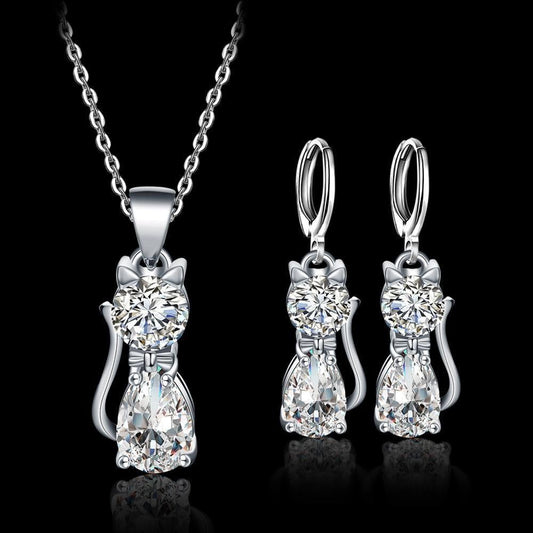 Set Necklace + Earrings Happy Cats In Sterling Silver And Polished White Zirconium