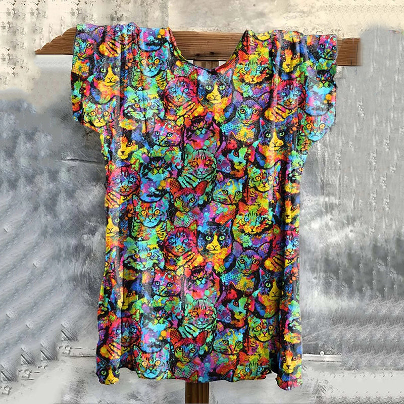 Comstylish Women's Cute Colorful Cat Print Casual Short Sleeve T-shirt