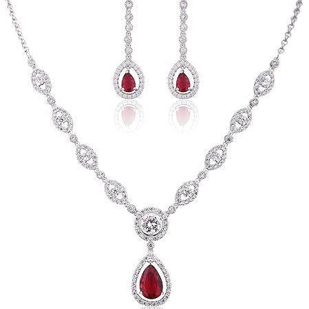 White Gold Ruby Halo Necklace & Earrings Set