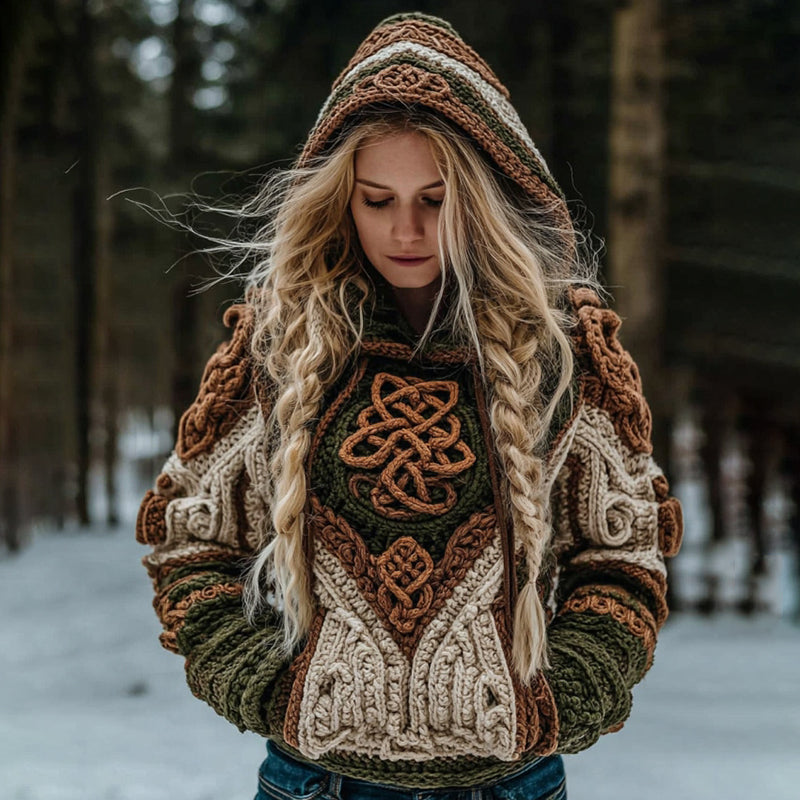 Women's Vintage Viking Celtic Knot Knit Hooded Sweater artswardrobe