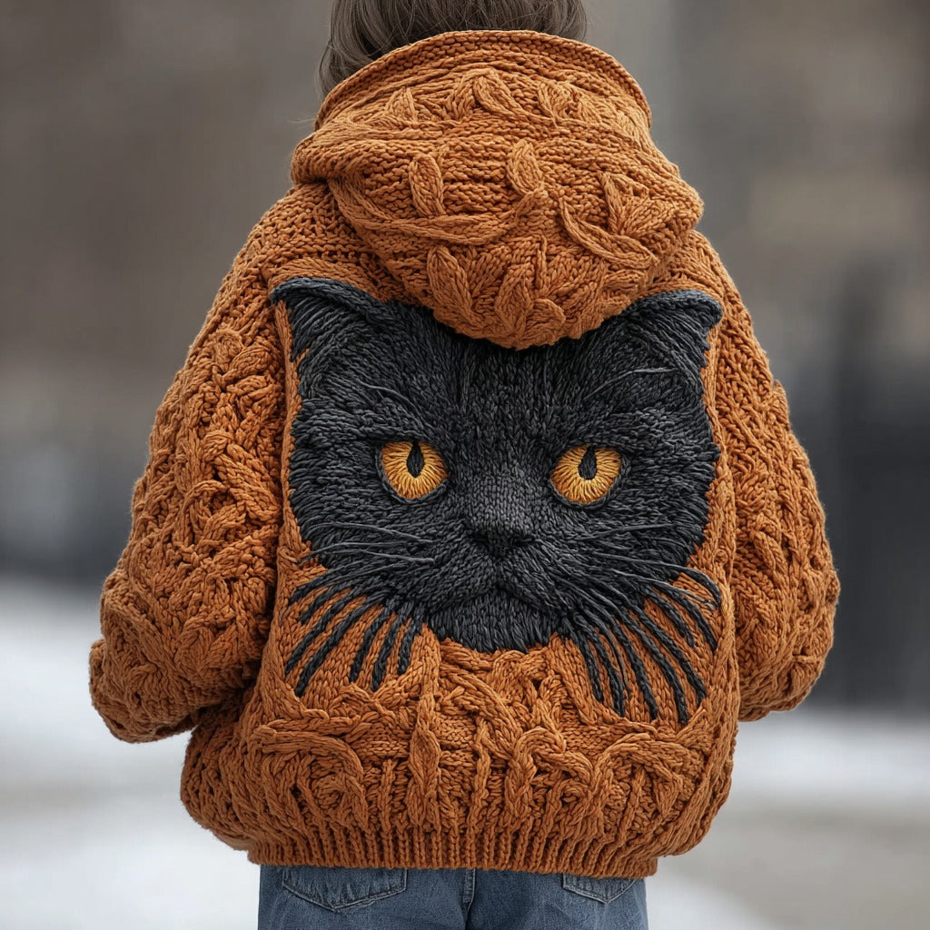 Comstylish Women's Vintage Black Cat Embroidered Zip-up Sweater