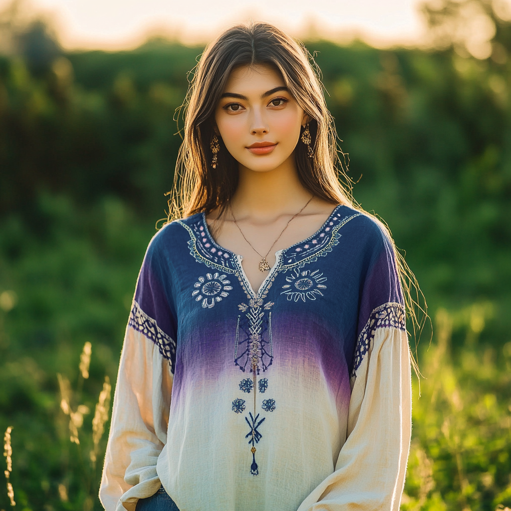 Retro Boho Floral Gradient Ethnic Batik Art Linen Blend Loose Blouse artswardrobe