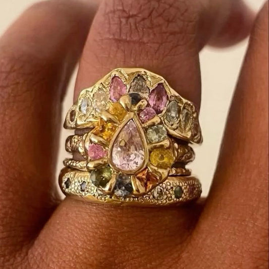 Gold Forged Colorful Inlaid Crystal Ring