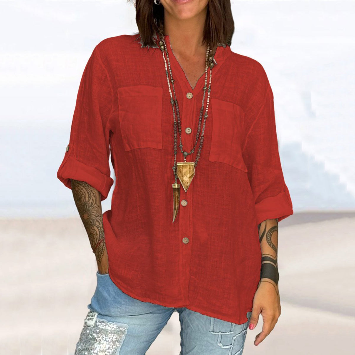 Comstylish Cotton And Linen Lace Art Linen Blend Blouse