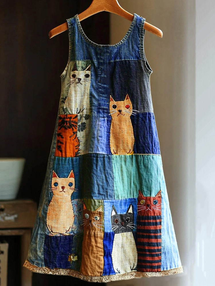 Comstylish Casual Pop Art Patchwork Denim Cat Dress