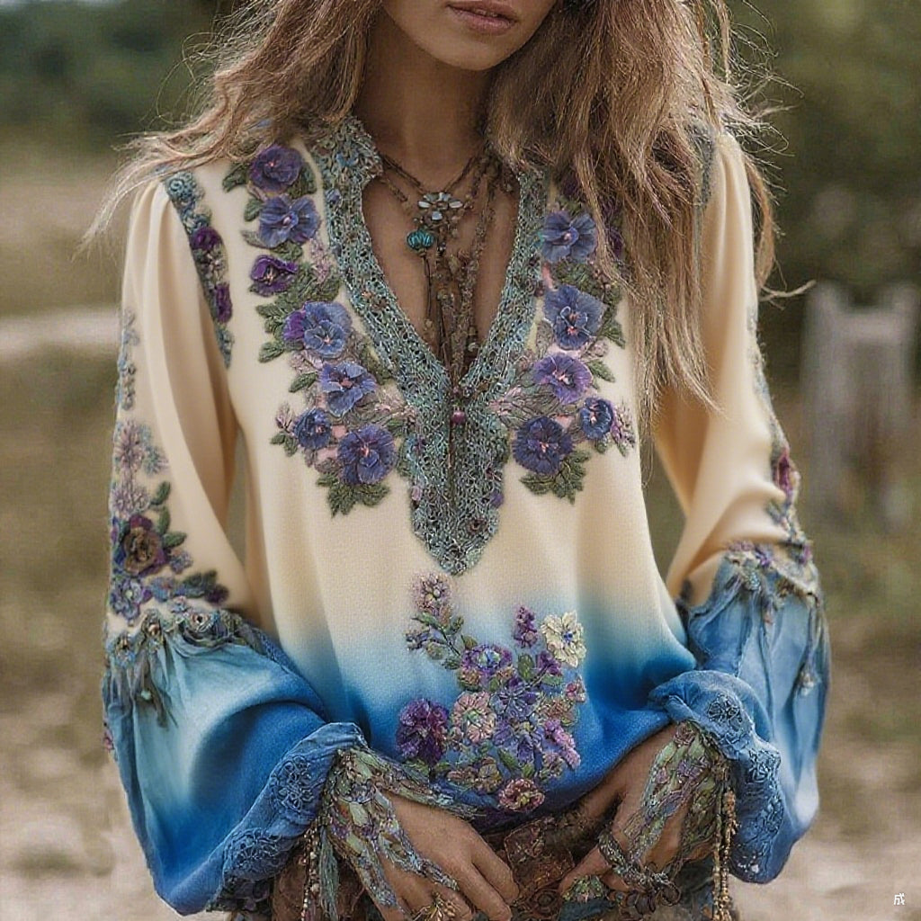 Comstylish Vintage Classy Gradient Purple Pansy Embroidered Art Linen Long Sleeve Blouse