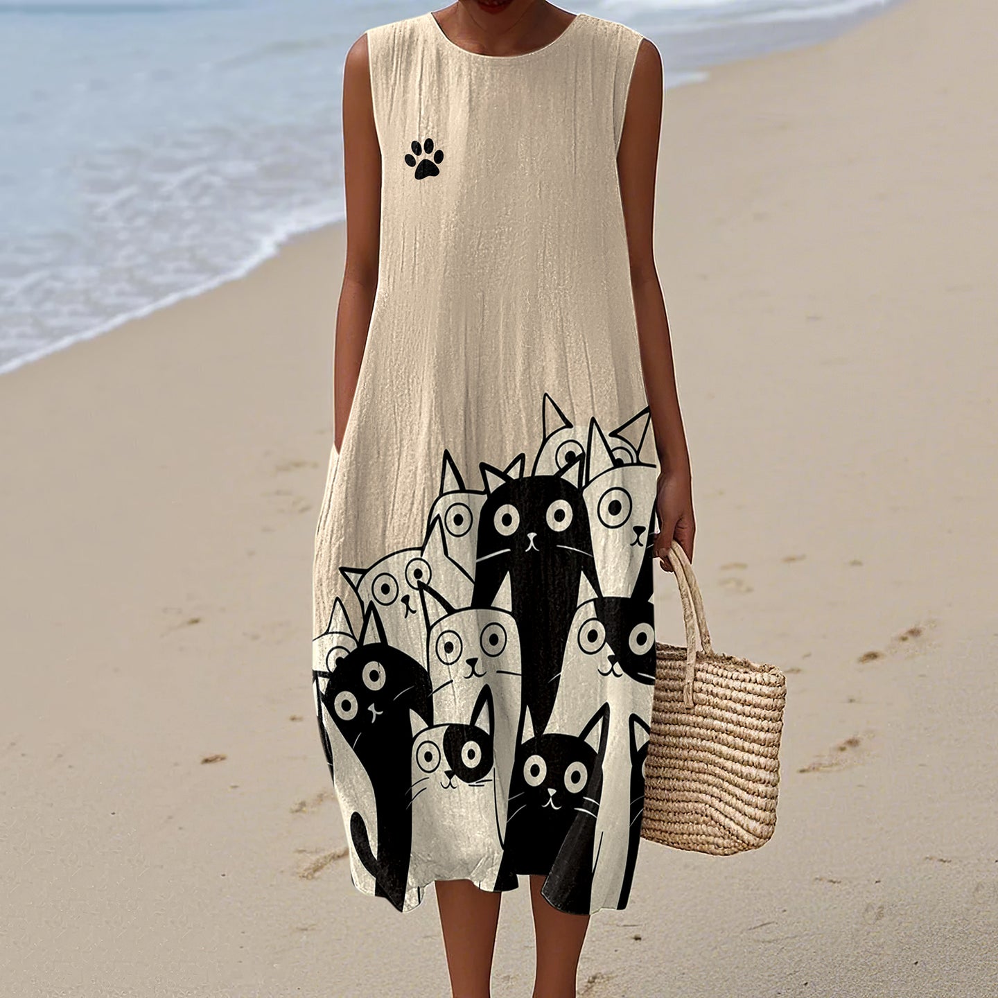 Comstylish Women's Vintage Cat's Abstract Art Linen Tank Midi Dress