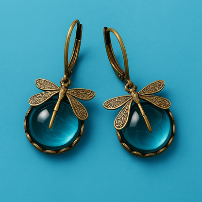 Spherical Dragonfly Earrings In Antique Gold