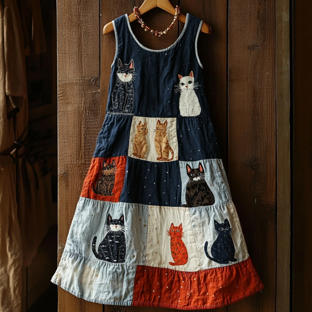 Comstylish Retro Funny Cat Patchwork Denim Print Dress