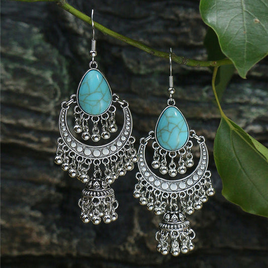 Silver Boho Earrings With Bells And Opal