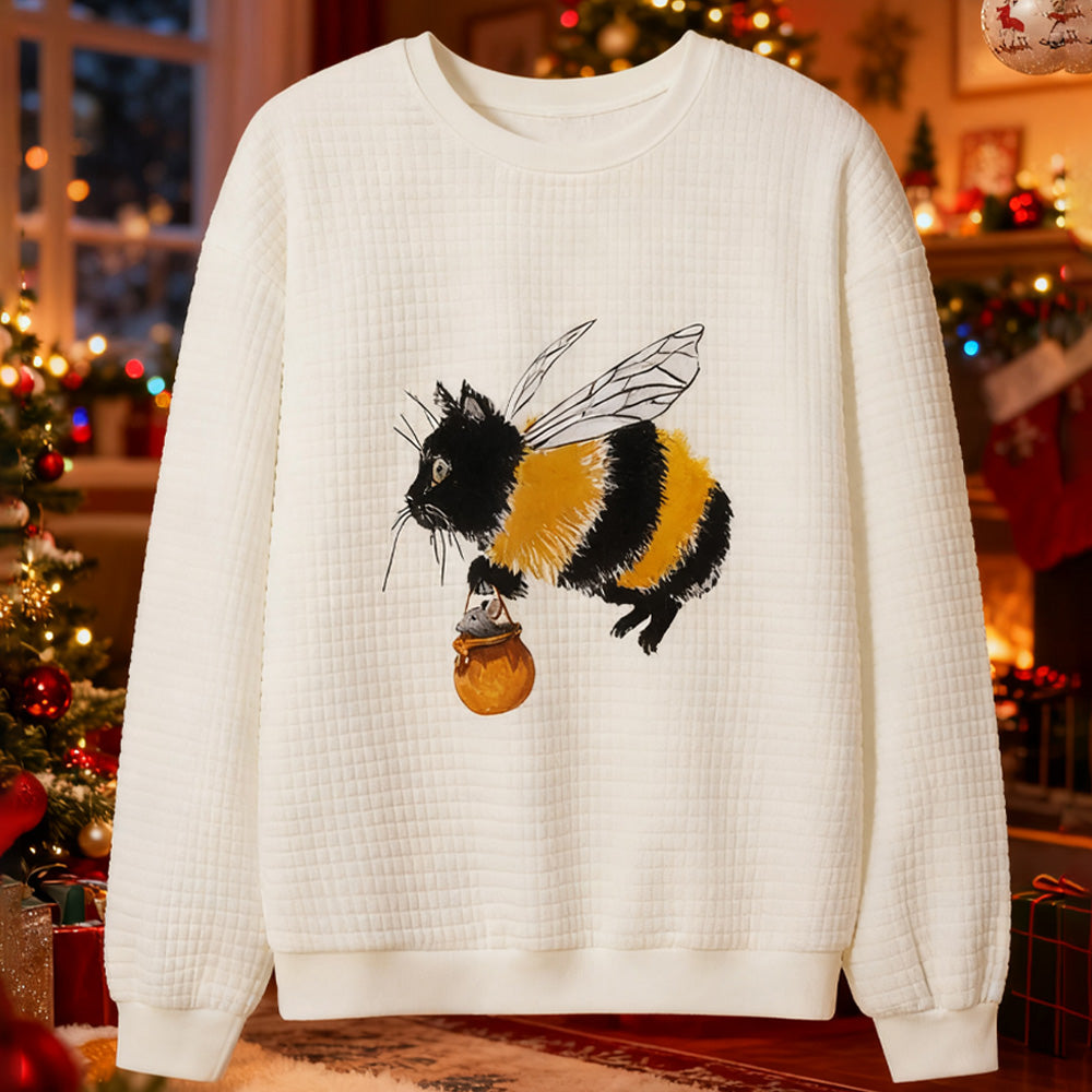 Comstylish Japanese Art Funny Black Cat Print Waffle Sweatshirt