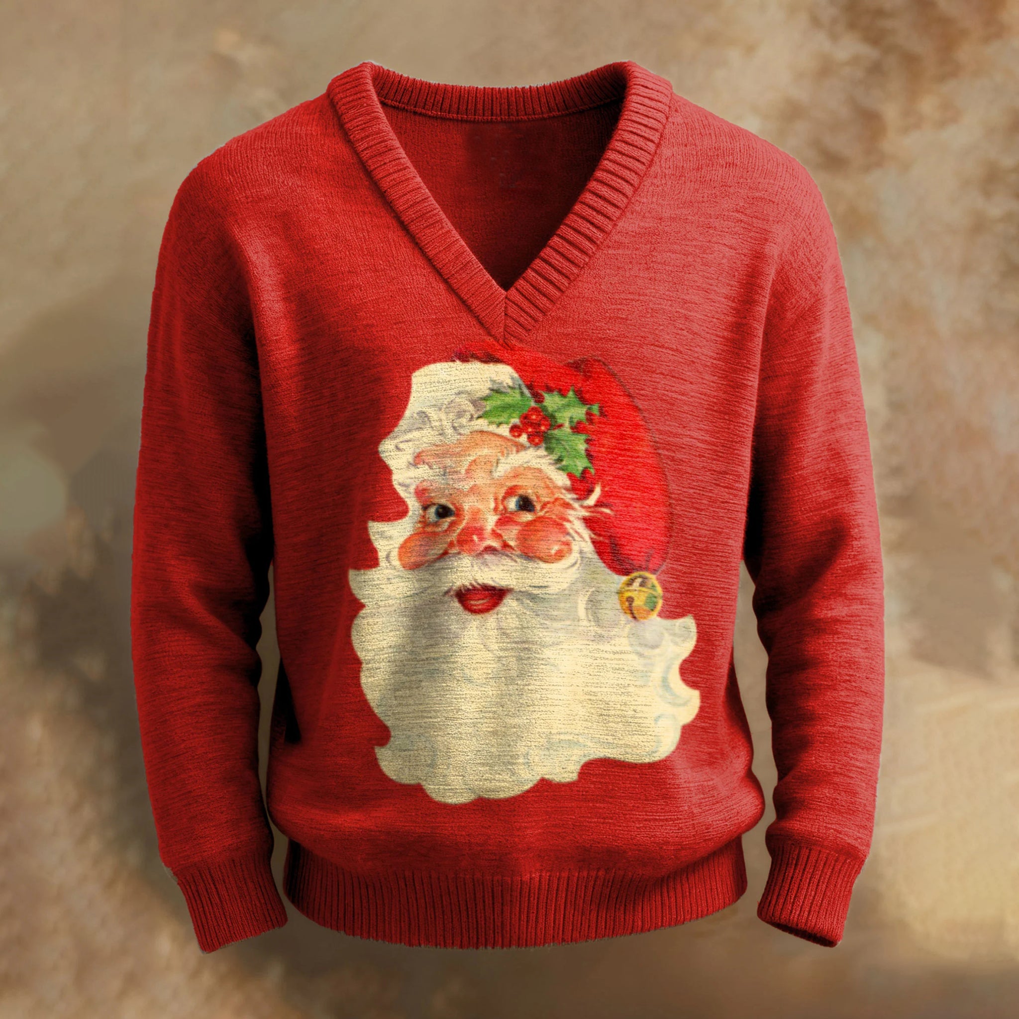 Men's Christmas Santa Claus Print V-neck Cozy Knit Pullover Sweater artswardrobe