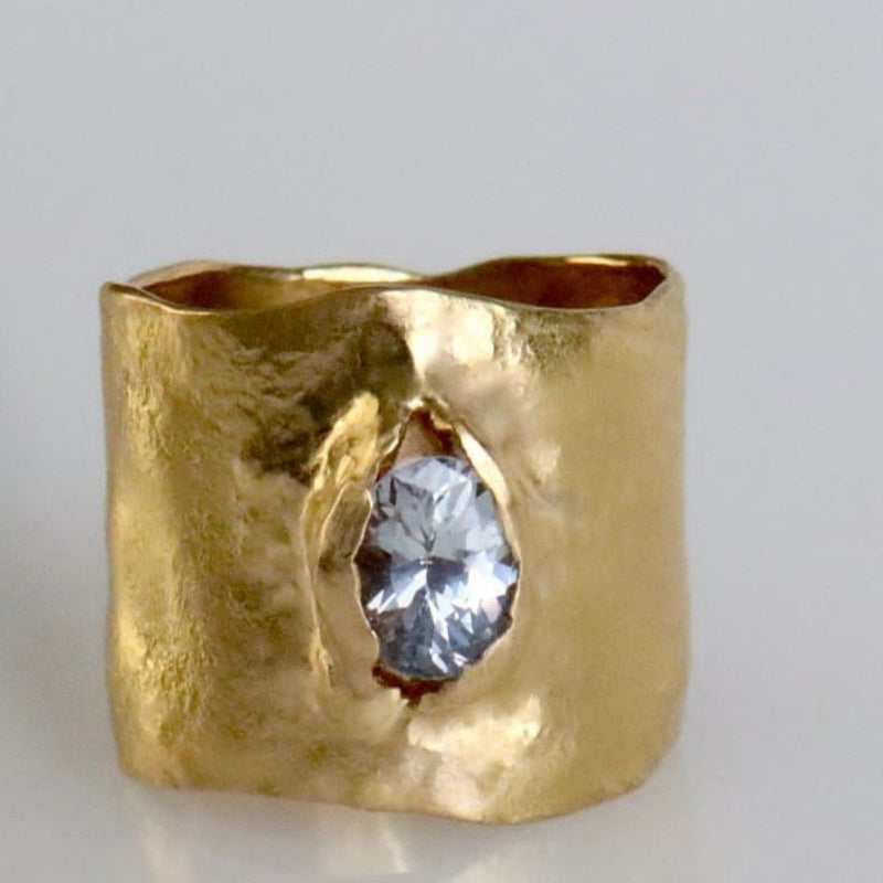 Wide Band Gold Blue Crystal Ring