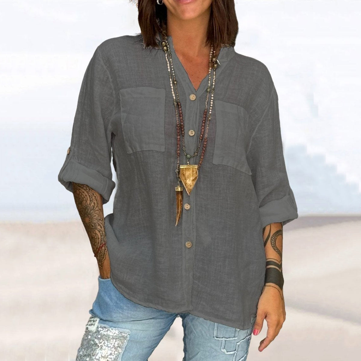 Comstylish Cotton And Linen Lace Art Linen Blend Blouse