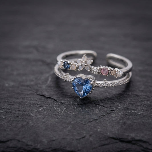 Adjustable Blue Stone Ring With Zirconia In Sterling Silver