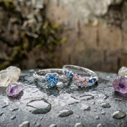 Adjustable Blue Stone Ring With Zirconia In Sterling Silver