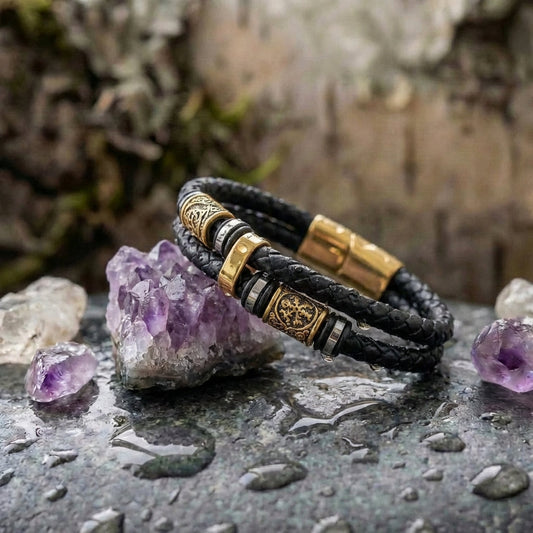 Black Woven Leather & Gold Charm Bracelet
