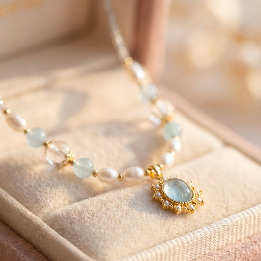 Blue Stone Zircon Freshwater Pearl Necklace
