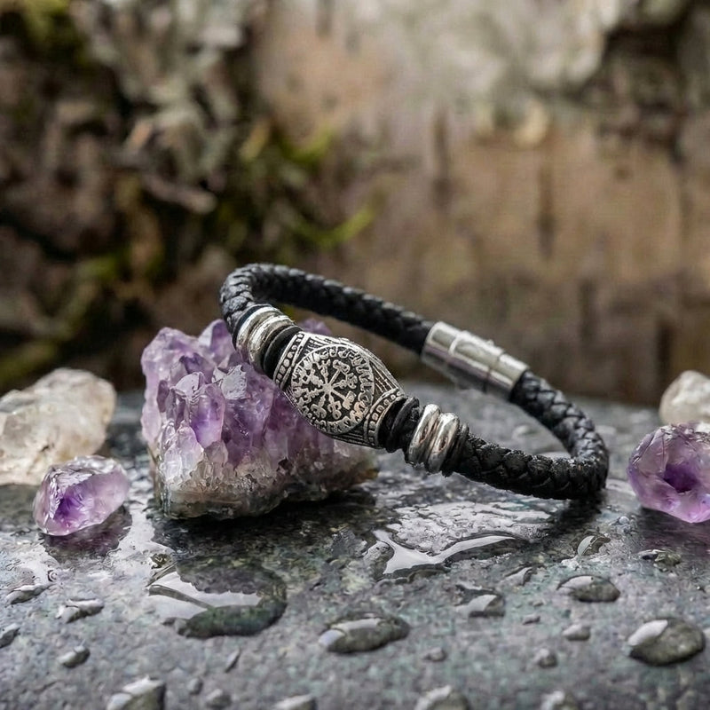 Braided Black Viking Compass Leather Bracelet