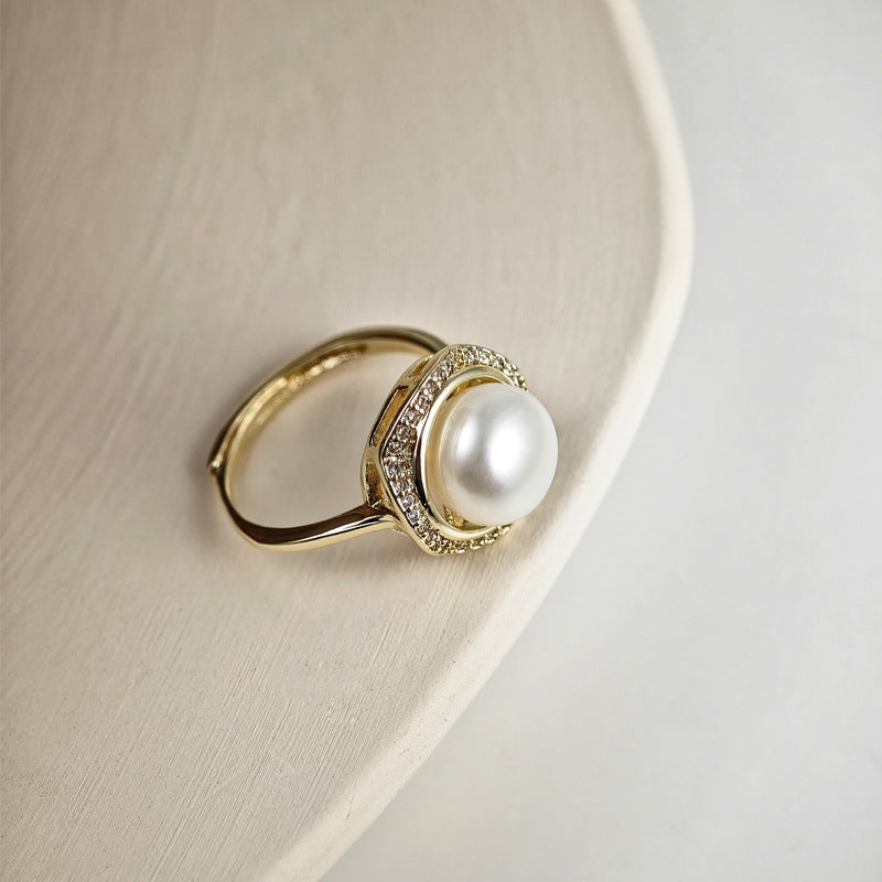 Elegant Pearl Halo Diamond Gold Ring