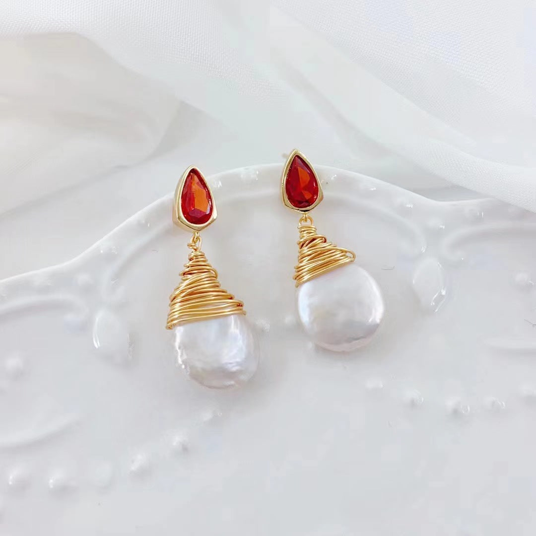 Elegant Ruby Pearl Earrings