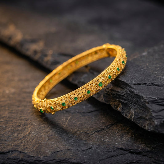 Ethnic Style Gold Green Gemstone & Floral Pattern Bangle Bracelet